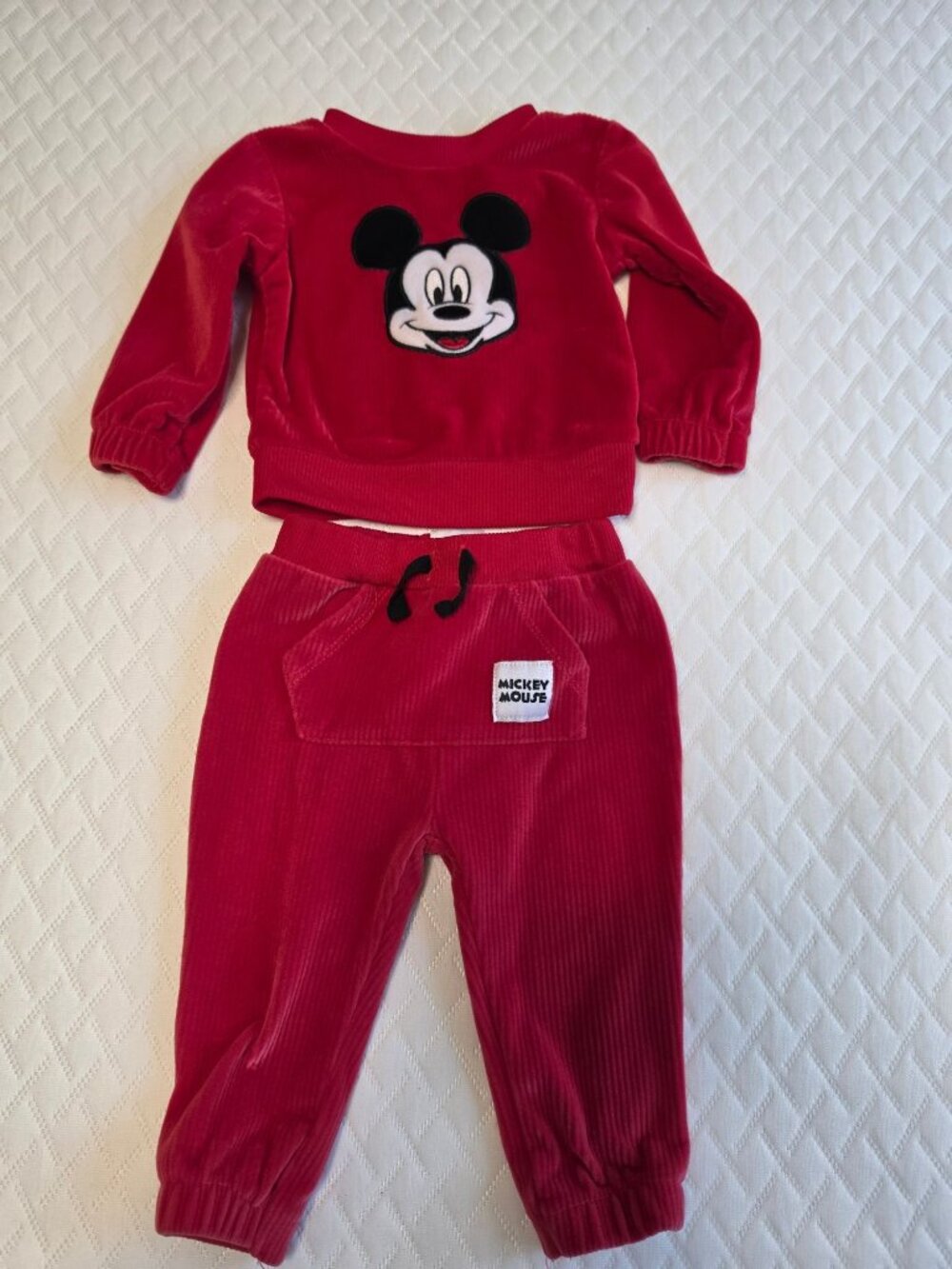 Disney Baby Mickey Mouse Ribbed Velour Jogger Set Red 3-6 Months EUC